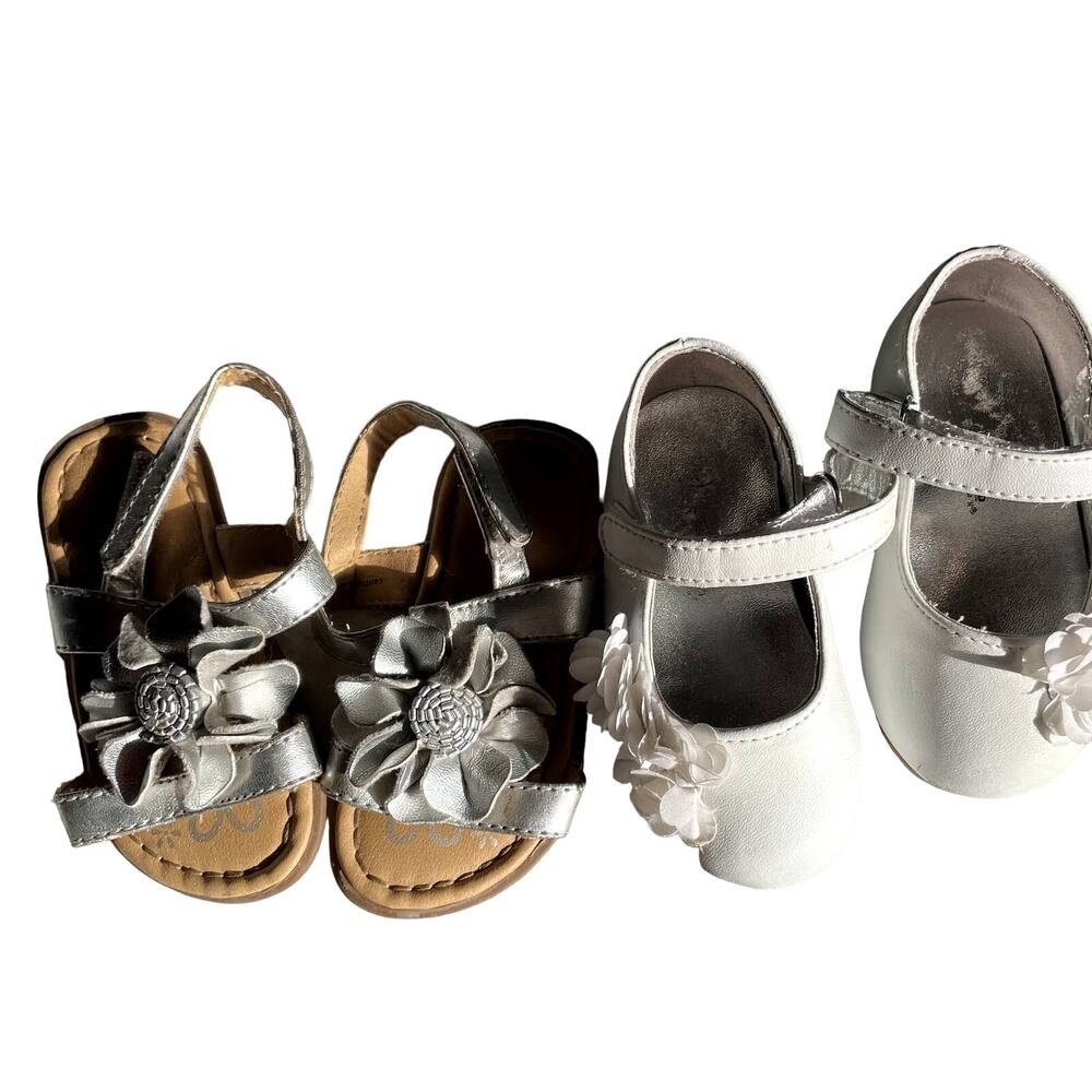 SKU 1469 2 Pair Infant Size 4 Shoes Oshkosh Silver Sandals & White Mary Janes